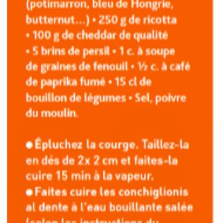 Conchiglionnis courges ricotta cheddar