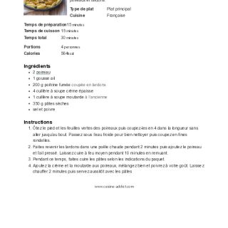 Pâtes au poireau, crème et lardons