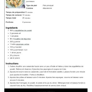 Penne au poulet, asperge et munster