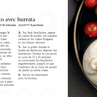 brochettes poulet, pesto burrata